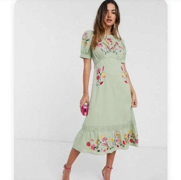 NWT ASOS Embroidered Green Tea Party Dress - Picture 4 of 11